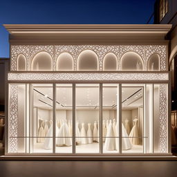 Create a storefront for 'Ever After Bridals', 11 meters wide, 1.9 meters tall, with elegant cladding and a chic architectural design, suitable for a high-end wedding dress boutique.