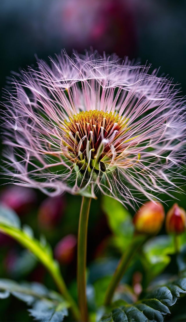 Ultra-close up 32k photograph of a single pink dandelion with detailed fibers on its stem and delicate petals arranged in a perfect circle around its darker center.