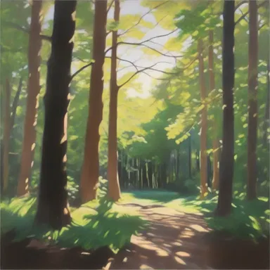 The artist captured the flukey patterns of light and shadow dancing through the trees in her landscape painting.