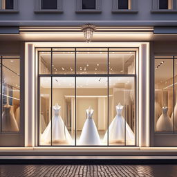 Create a storefront for 'Ever After Bridals', 11 meters wide, 1.9 meters tall, with elegant cladding and a chic architectural design, suitable for a high-end wedding dress boutique.