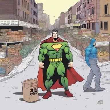 The superhero comic depicts a scenario where the city's food supplies are understocked, leaving the citizens in a dire situation.