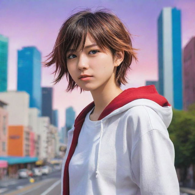 A tomboy anime girl with a spirited expression in a casual outfit, posing in front of a colorful cityscape background