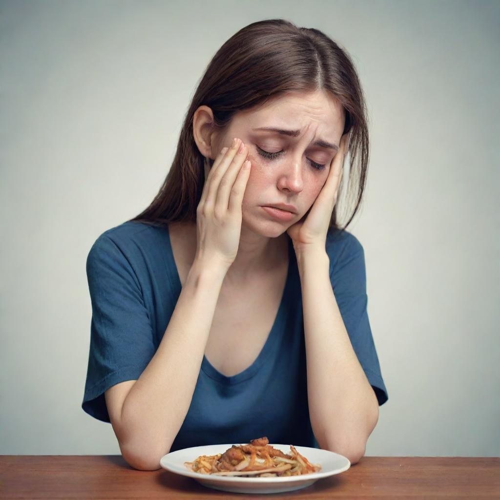 Design a character illustration of a sorrowful girl struggling with her eating disorder, showcasing her deep sadness in her facial expressions and body language.