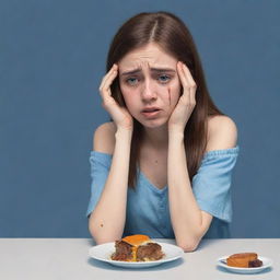 Design a character illustration of a sorrowful girl struggling with her eating disorder, showcasing her deep sadness in her facial expressions and body language.