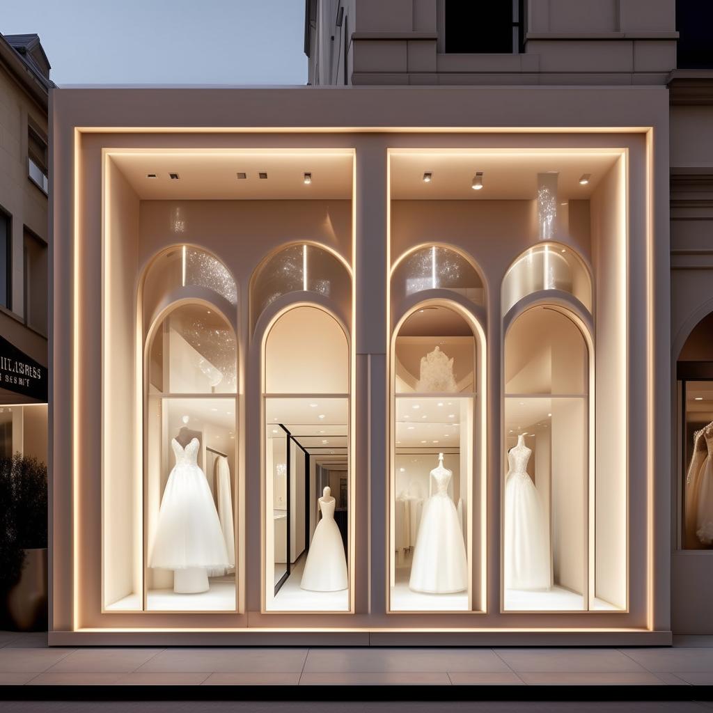 Create a storefront for 'Ever After Bridals', 11 meters wide, 1.9 meters tall, with elegant cladding and a chic architectural design, suitable for a high-end wedding dress boutique.