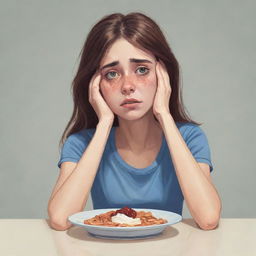 Design a character illustration of a sorrowful girl struggling with her eating disorder, showcasing her deep sadness in her facial expressions and body language.