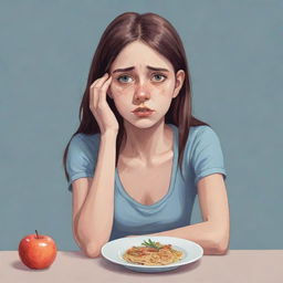 Design a character illustration of a sorrowful girl struggling with her eating disorder, showcasing her deep sadness in her facial expressions and body language.