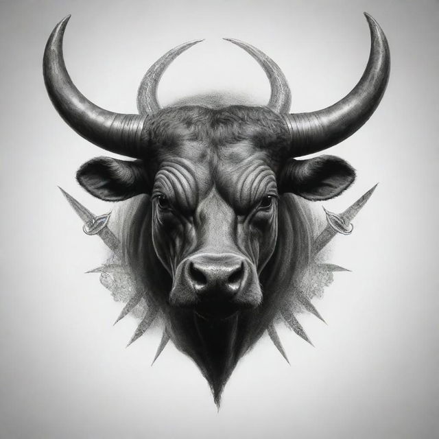 A powerful image of a bull, symbol of May, with its horns replaced with swords, designed for a tattoo.