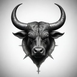 A powerful image of a bull, symbol of May, with its horns replaced with swords, designed for a tattoo.