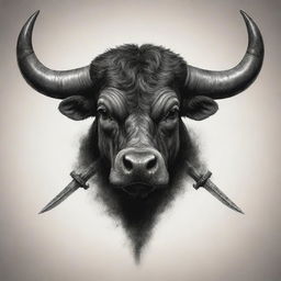 A powerful image of a bull, symbol of May, with its horns replaced with swords, designed for a tattoo.