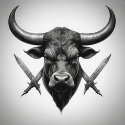 A powerful image of a bull, symbol of May, with its horns replaced with swords, designed for a tattoo.