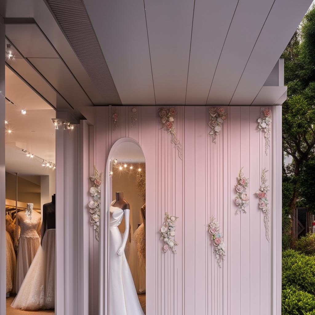 Revise storefront for wedding dress shop, 'Eternal Bliss Bridal', 11 meters wide, 1.9 meters tall, with tastefully shaped cladding reflective of high-end fashion elegance.