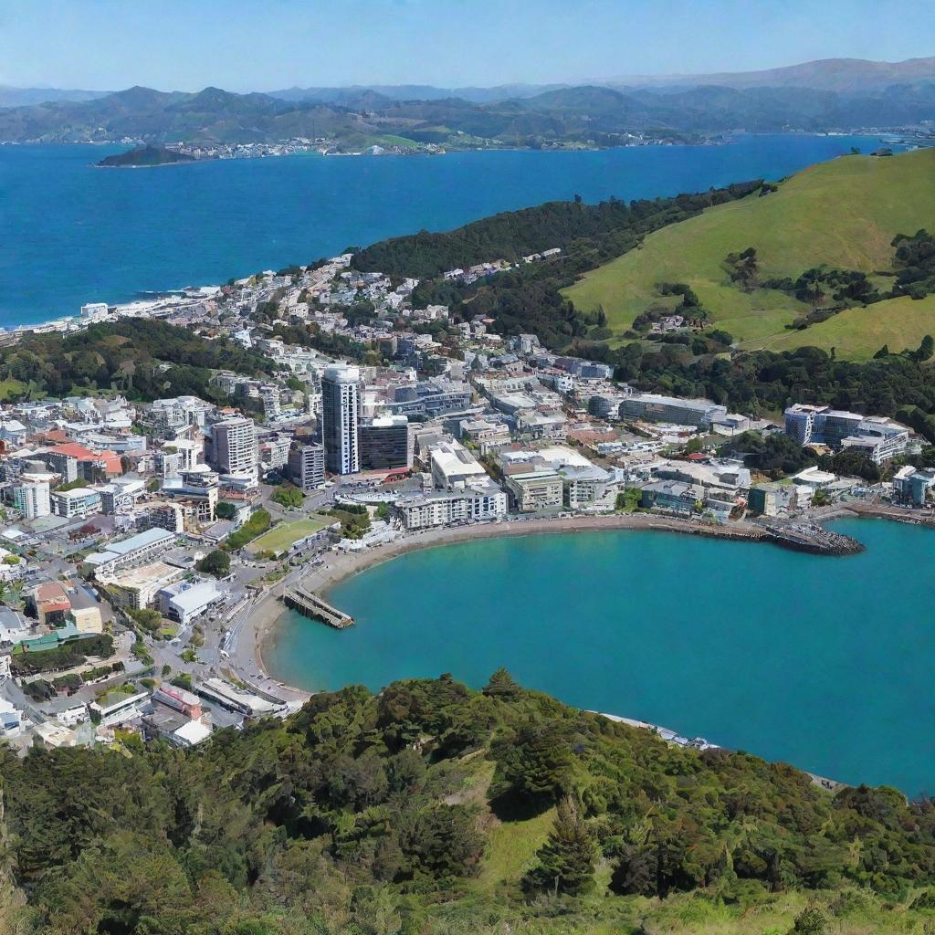 A picturesque panoramic view of Wellington, New Zealand showcasing notable landmarks, lush greenery, and vibrant blue waters.