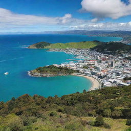 A picturesque panoramic view of Wellington, New Zealand showcasing notable landmarks, lush greenery, and vibrant blue waters.