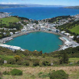 A picturesque panoramic view of Wellington, New Zealand showcasing notable landmarks, lush greenery, and vibrant blue waters.