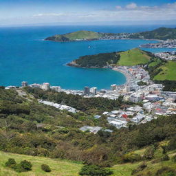 A picturesque panoramic view of Wellington, New Zealand showcasing notable landmarks, lush greenery, and vibrant blue waters.