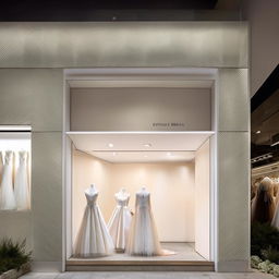 Revise storefront for wedding dress shop, 'Eternal Bliss Bridal', 11 meters wide, 1.9 meters tall, with tastefully shaped cladding reflective of high-end fashion elegance.