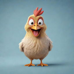 Generate an illustration of a comical chicken character, clad with humorous characteristics and expressions, causing laughter and amusement.