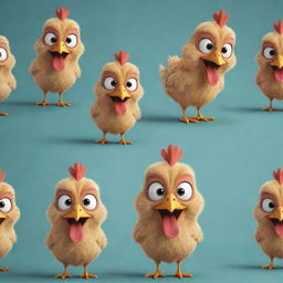 Generate an illustration of a comical chicken character, clad with humorous characteristics and expressions, causing laughter and amusement.