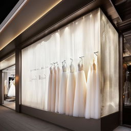 Revise storefront for wedding dress shop, 'Eternal Bliss Bridal', 11 meters wide, 1.9 meters tall, with tastefully shaped cladding reflective of high-end fashion elegance.