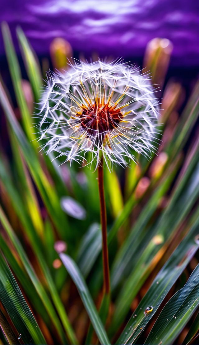 Ultra-close up 32k photograph of a single orange dandelion in a green field under a purple sky.