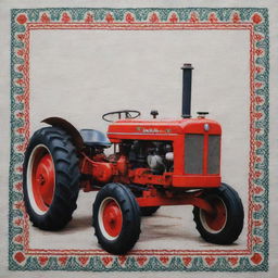 A detailed display of tatreez Palestinian cross-stitch patterns incorporated into the design of a tractor