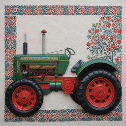 A detailed display of tatreez Palestinian cross-stitch patterns incorporated into the design of a tractor