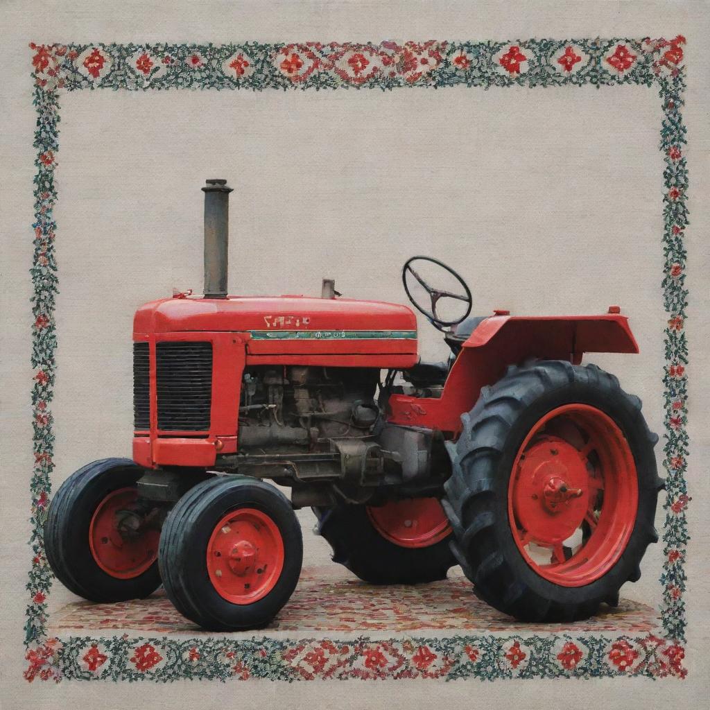 A detailed display of tatreez Palestinian cross-stitch patterns incorporated into the design of a tractor