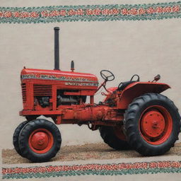 A detailed display of tatreez Palestinian cross-stitch patterns incorporated into the design of a tractor