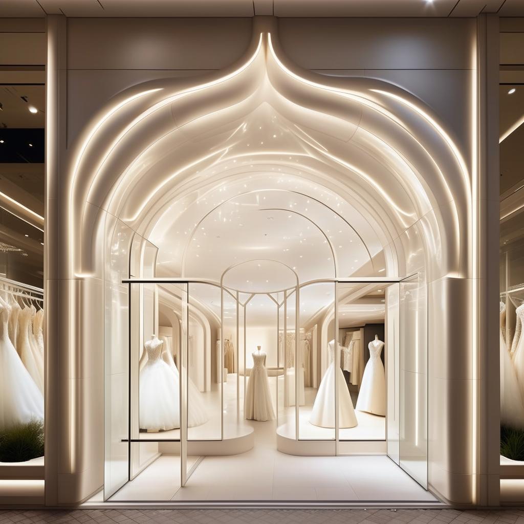 Design 'The White Veil Boutique' storefront, 11 meters wide, 1.9 meters high, showcasing elegant shaped cladding, exuding sophistication and grace for a wedding dress store.