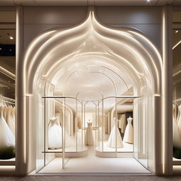 Design 'The White Veil Boutique' storefront, 11 meters wide, 1.9 meters high, showcasing elegant shaped cladding, exuding sophistication and grace for a wedding dress store.