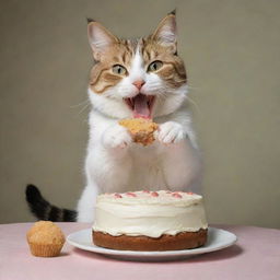 A domestic cat humorously depicted with anthropomorphic characteristics, using one paw to savor a half-eaten piece of cake, and holding the other untouched half in its other paw.