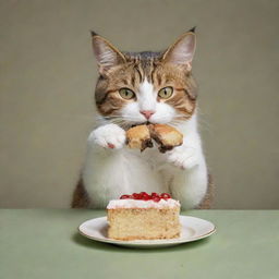 A domestic cat humorously depicted with anthropomorphic characteristics, using one paw to savor a half-eaten piece of cake, and holding the other untouched half in its other paw.