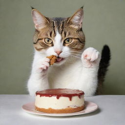 A domestic cat humorously depicted with anthropomorphic characteristics, using one paw to savor a half-eaten piece of cake, and holding the other untouched half in its other paw.