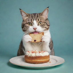 A domestic cat humorously depicted with anthropomorphic characteristics, using one paw to savor a half-eaten piece of cake, and holding the other untouched half in its other paw.