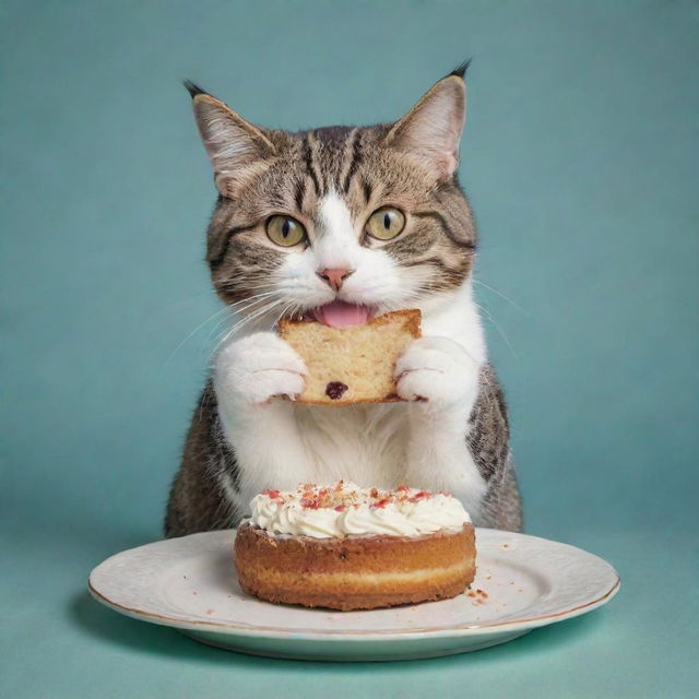 A domestic cat humorously depicted with anthropomorphic characteristics, using one paw to savor a half-eaten piece of cake, and holding the other untouched half in its other paw.