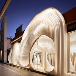 Design 'The White Veil Boutique' storefront, 11 meters wide, 1.9 meters high, showcasing elegant shaped cladding, exuding sophistication and grace for a wedding dress store.