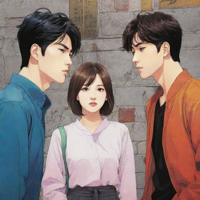 A colorful and dynamic scene from a Manhwa, Korean comic, with dramatic characters in conversation.