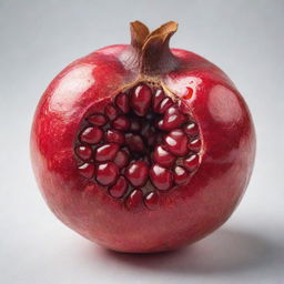 A ripe, juicy pomegranate, with its vibrant red skin and lush, ruby-like seeds exposed, placed on a white surface, illuminated by a soft light