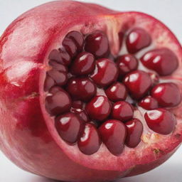 A ripe, juicy pomegranate, with its vibrant red skin and lush, ruby-like seeds exposed, placed on a white surface, illuminated by a soft light