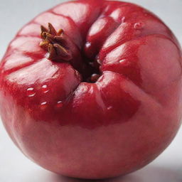 A ripe, juicy pomegranate, with its vibrant red skin and lush, ruby-like seeds exposed, placed on a white surface, illuminated by a soft light