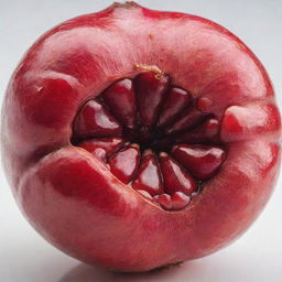 A ripe, juicy pomegranate, with its vibrant red skin and lush, ruby-like seeds exposed, placed on a white surface, illuminated by a soft light