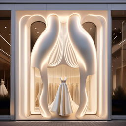 Design 'The White Veil Boutique' storefront, 11 meters wide, 1.9 meters high, showcasing elegant shaped cladding, exuding sophistication and grace for a wedding dress store.