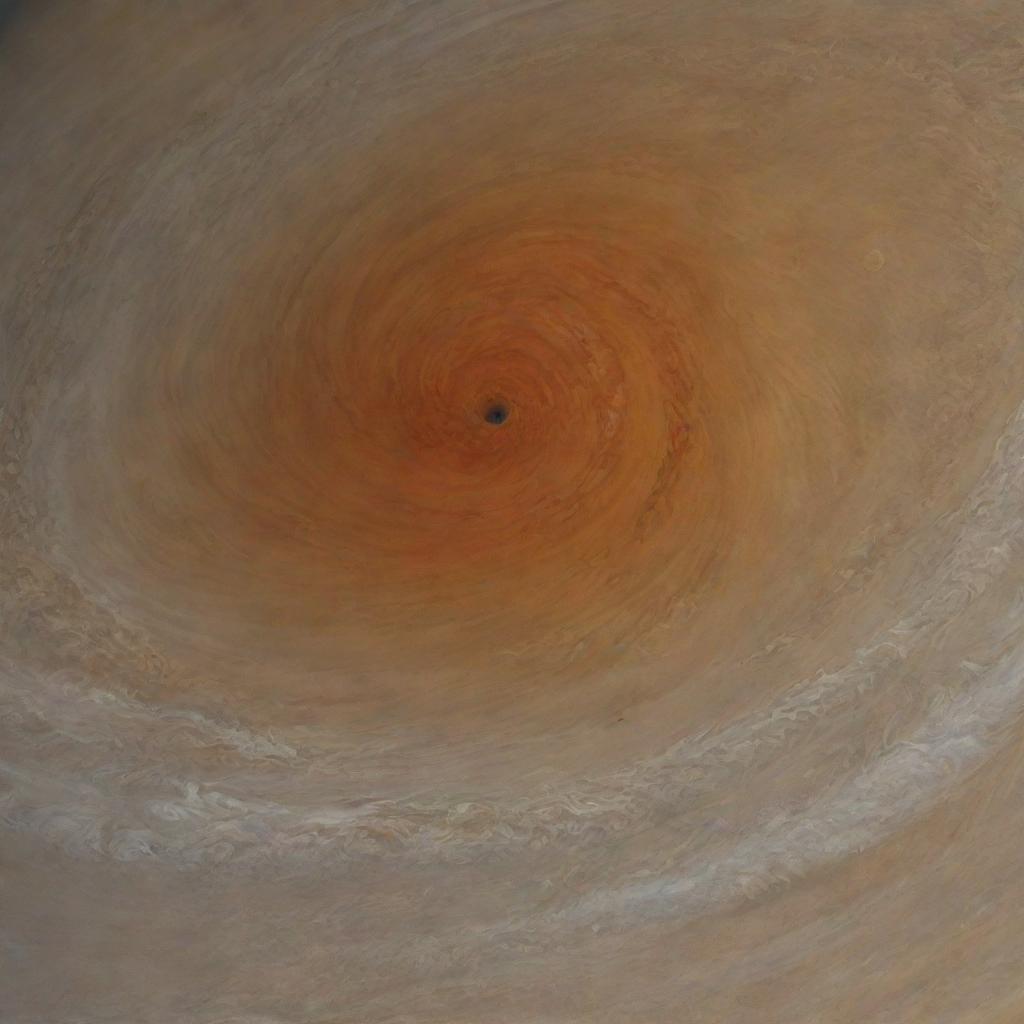 In the midst of Jupiter's Great Red Spot, a swirling storm larger than Earth, with tumultuous crimson clouds against a backdrop of shrouded yellow and orange hues