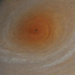 In the midst of Jupiter's Great Red Spot, a swirling storm larger than Earth, with tumultuous crimson clouds against a backdrop of shrouded yellow and orange hues