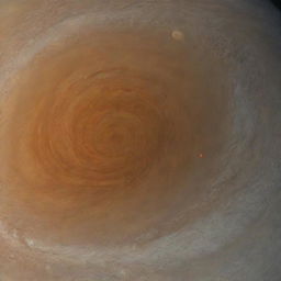 In the midst of Jupiter's Great Red Spot, a swirling storm larger than Earth, with tumultuous crimson clouds against a backdrop of shrouded yellow and orange hues