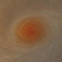 In the midst of Jupiter's Great Red Spot, a swirling storm larger than Earth, with tumultuous crimson clouds against a backdrop of shrouded yellow and orange hues