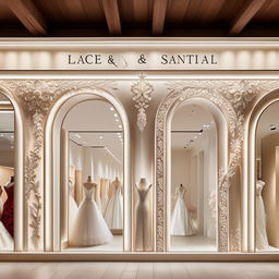 Refine storefront for 'Lace and Satin Bridal', dimensions of 11 meters width and 1.9 meters height, adorned with elegantly shaped cladding for a luxurious wedding dress boutique appeal.