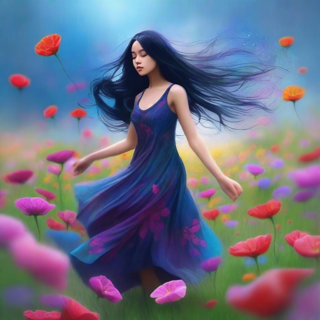 A digital art image of a captivating girl with long, black hair dancing elegantly in a field of vibrant flowers under a gentle rain