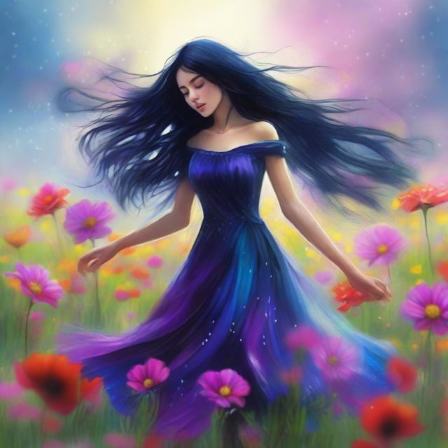 A digital art image of a captivating girl with long, black hair dancing elegantly in a field of vibrant flowers under a gentle rain